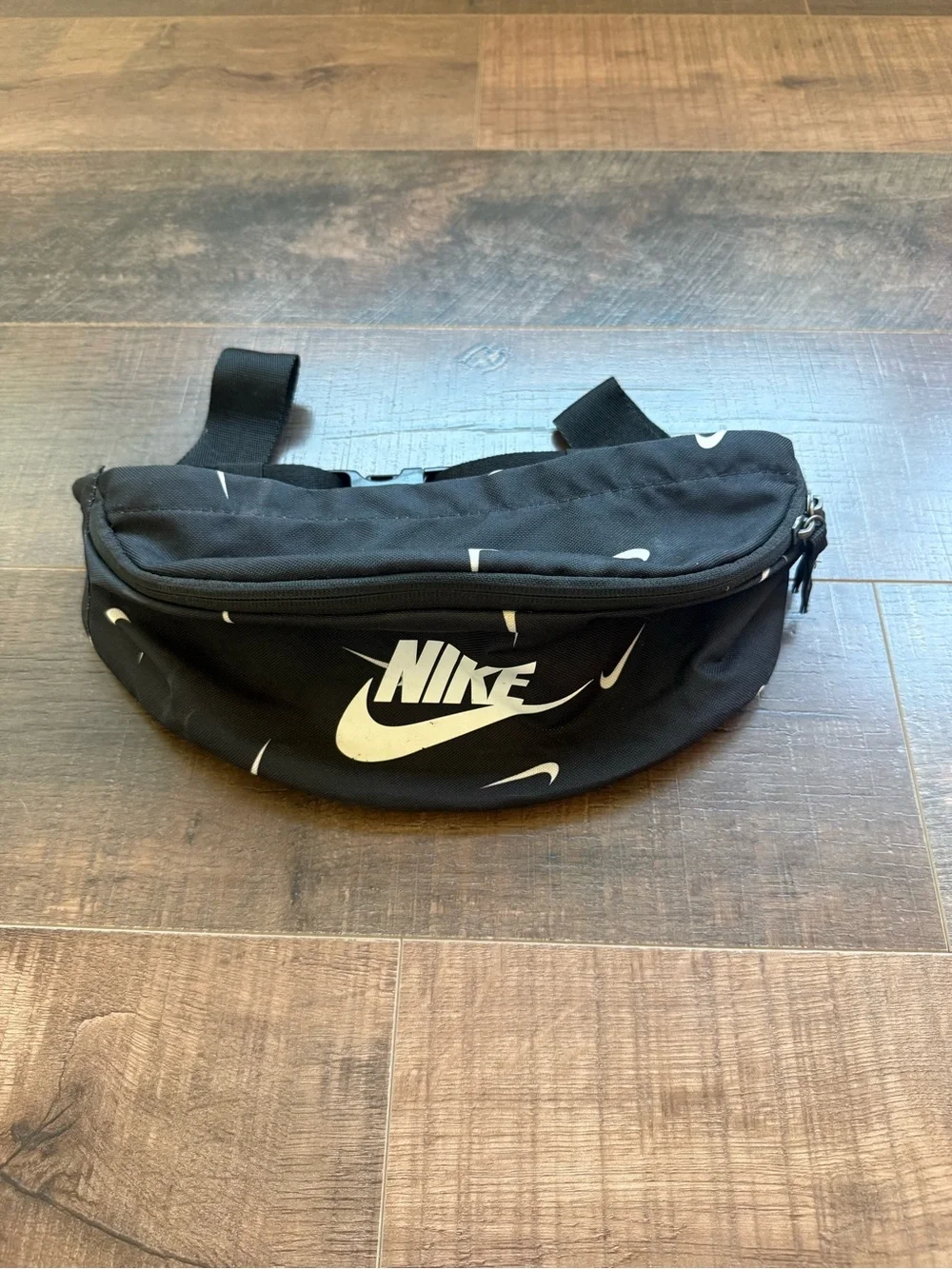Nike Black Waist Pack with White Swoosh Pattern